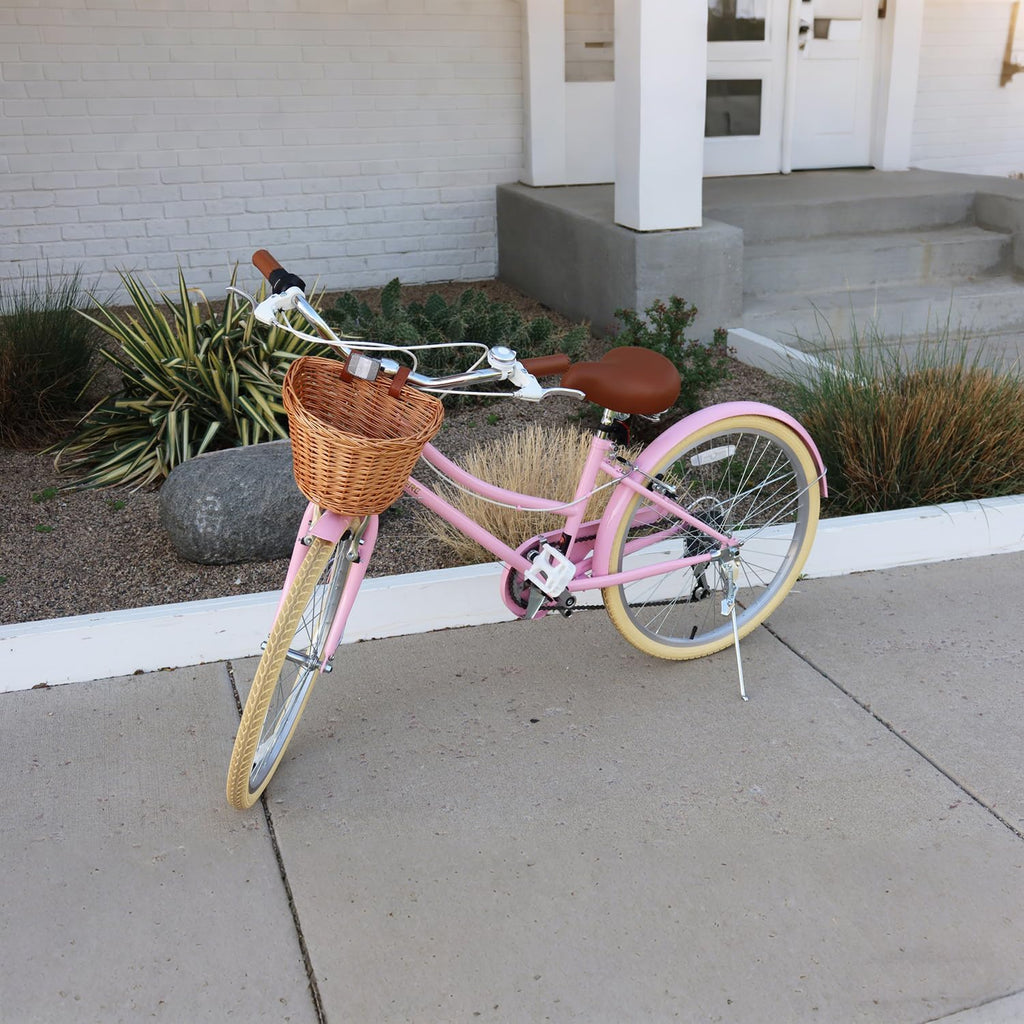 Glerc 20 24 26 Inch Beach Cruiser Bike, 6-Speed Hybrid City Bicycle for Girls Youth and Over 6 Years Old, Missy Bike with Wicker Basket & Lightweight, Multiple Colors