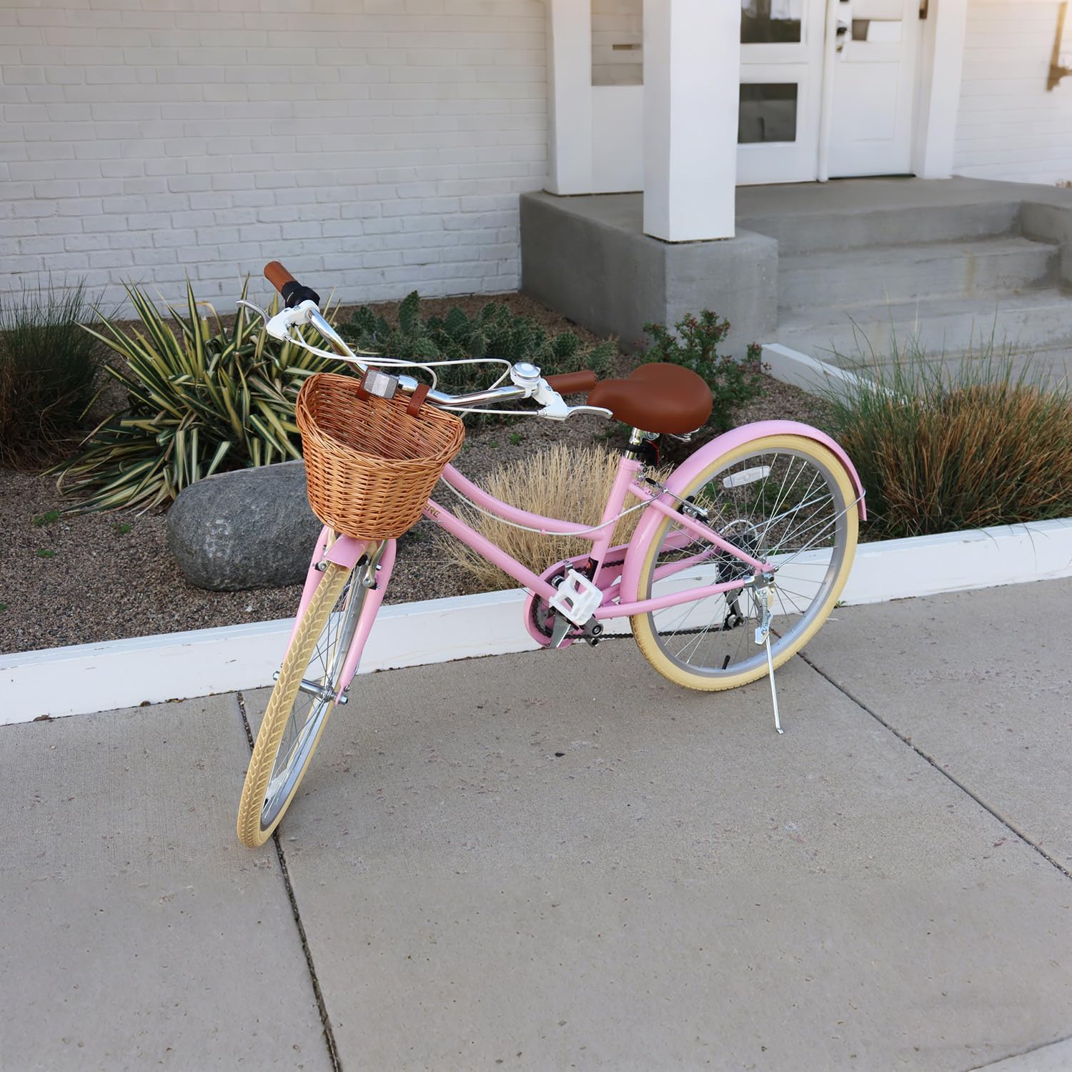 Glerc 20 24 26 Inch Beach Cruiser Bike, 6-Speed Hybrid City Bicycle for Girls Youth and Over 6 Years Old, Missy Bike with Wicker Basket & Lightweight, Multiple Colors