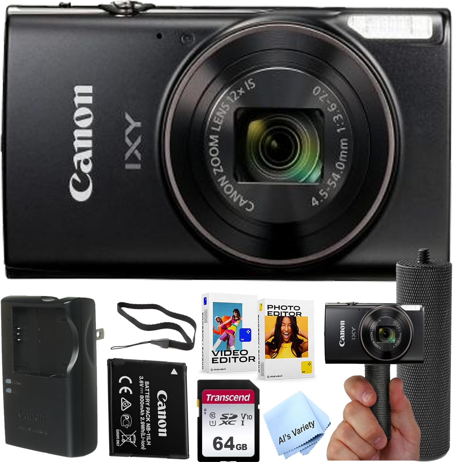 Canon PowerShot IXY 650 (ELPH 360) HS Digital Camera + 64GB Memory + Stabilizing Grip + Software Pack +More(Value Bundle) (Renewed)