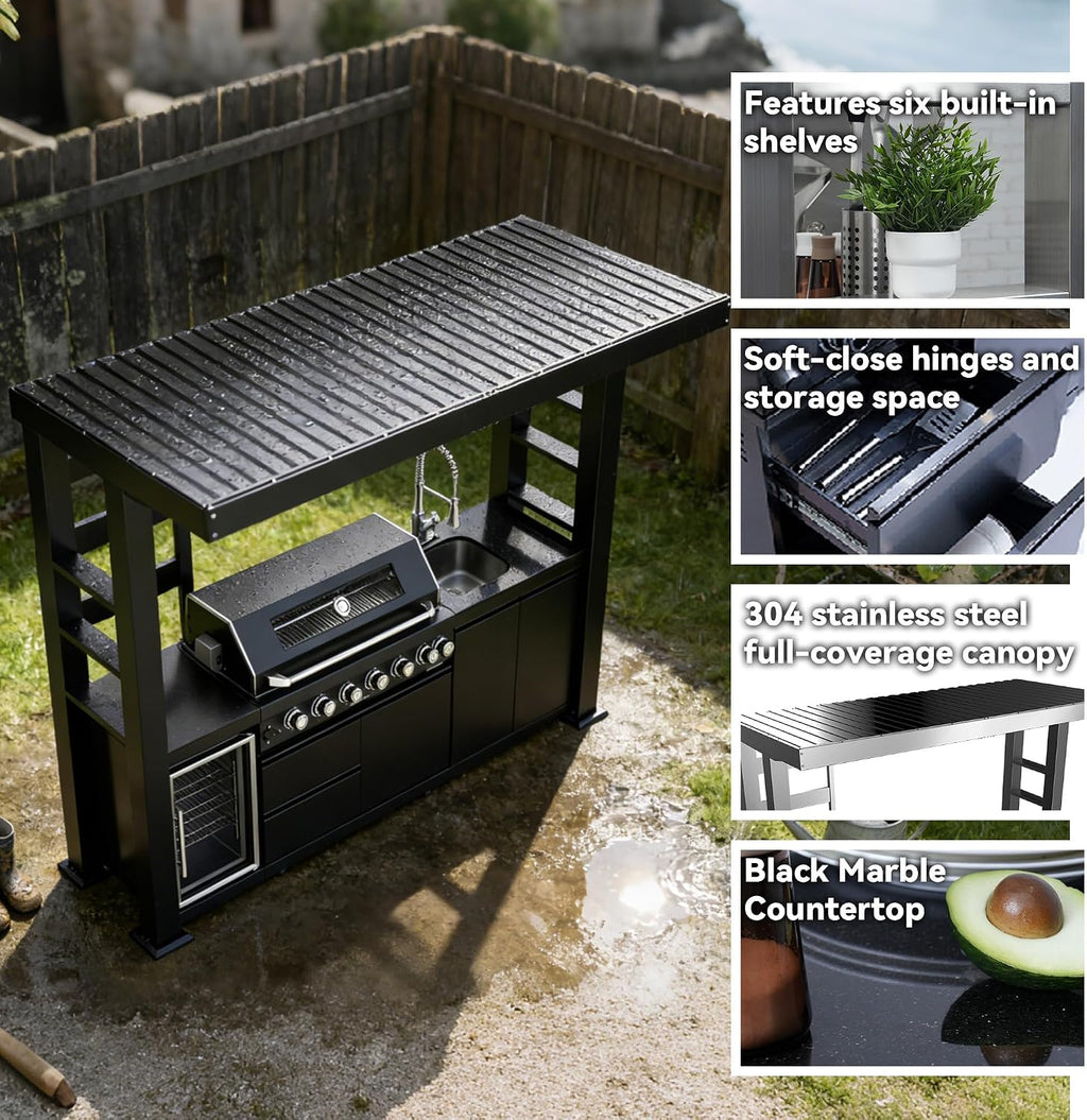 108-Inch 6-Burner 85000 BTU Propane Gas Grill Island with Shed, 304 Stainless Steel Black, 684 Sq.In Cooking Area, Wine Cooler, Rotisserie & Granite Countertops for Backyard BBQ, Black