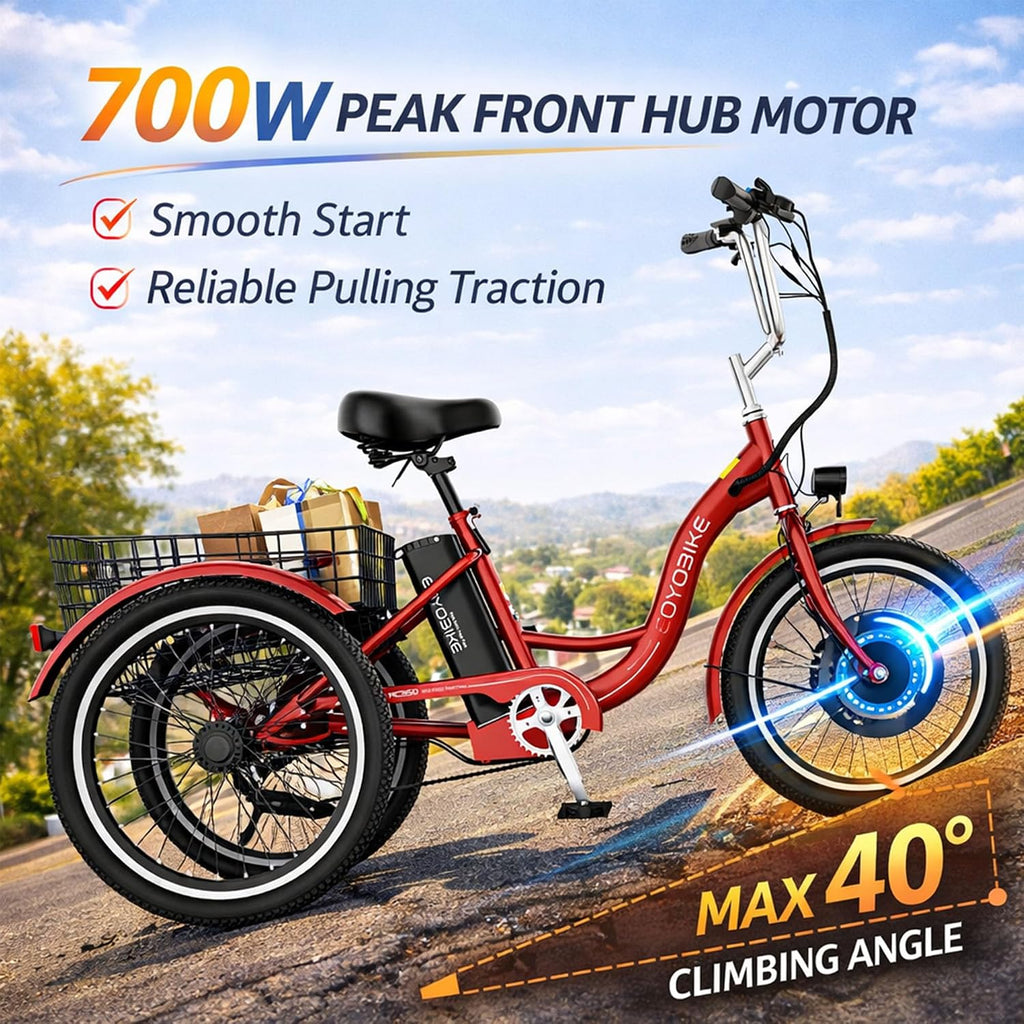 MOONCOOL Adult Electric Tricycle, 350W Front Drive Motor (Peak 700W), 15.5MPH E-Trike, Removable 36V 10.4Ah Battery, Max 60 Miles, 7-Speed 3 Wheel Electric Bike