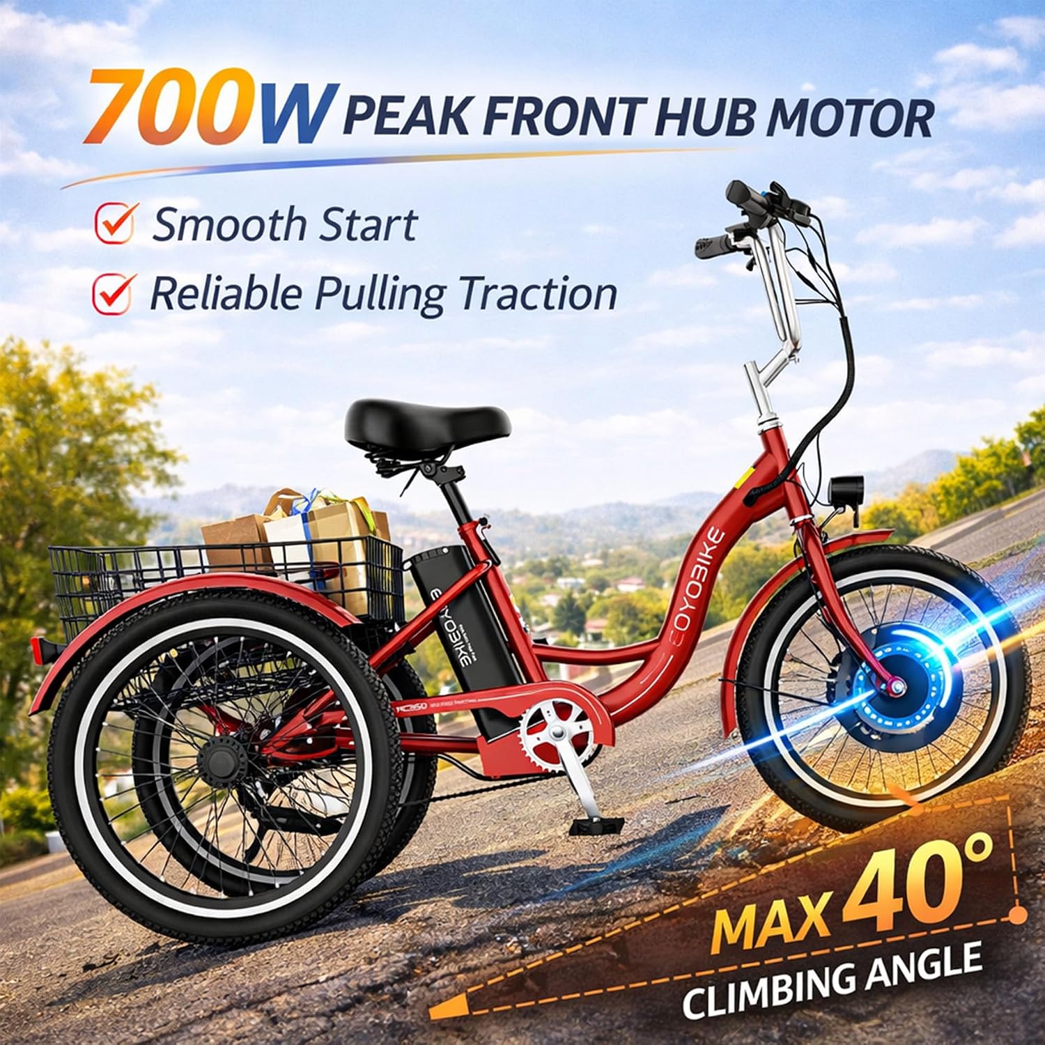 MOONCOOL Adult Electric Tricycle, 350W Front Drive Motor (Peak 700W), 15.5MPH E-Trike, Removable 36V 10.4Ah Battery, Max 60 Miles, 7-Speed 3 Wheel Electric Bike