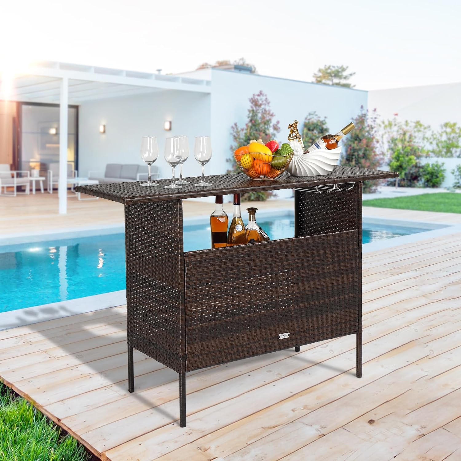 VINGLI Wicker Outdoor Bar Table with 2 Steel Shelves, Sets of Rails, Rattan Patio Storage for Backyard, Poolside, Garden