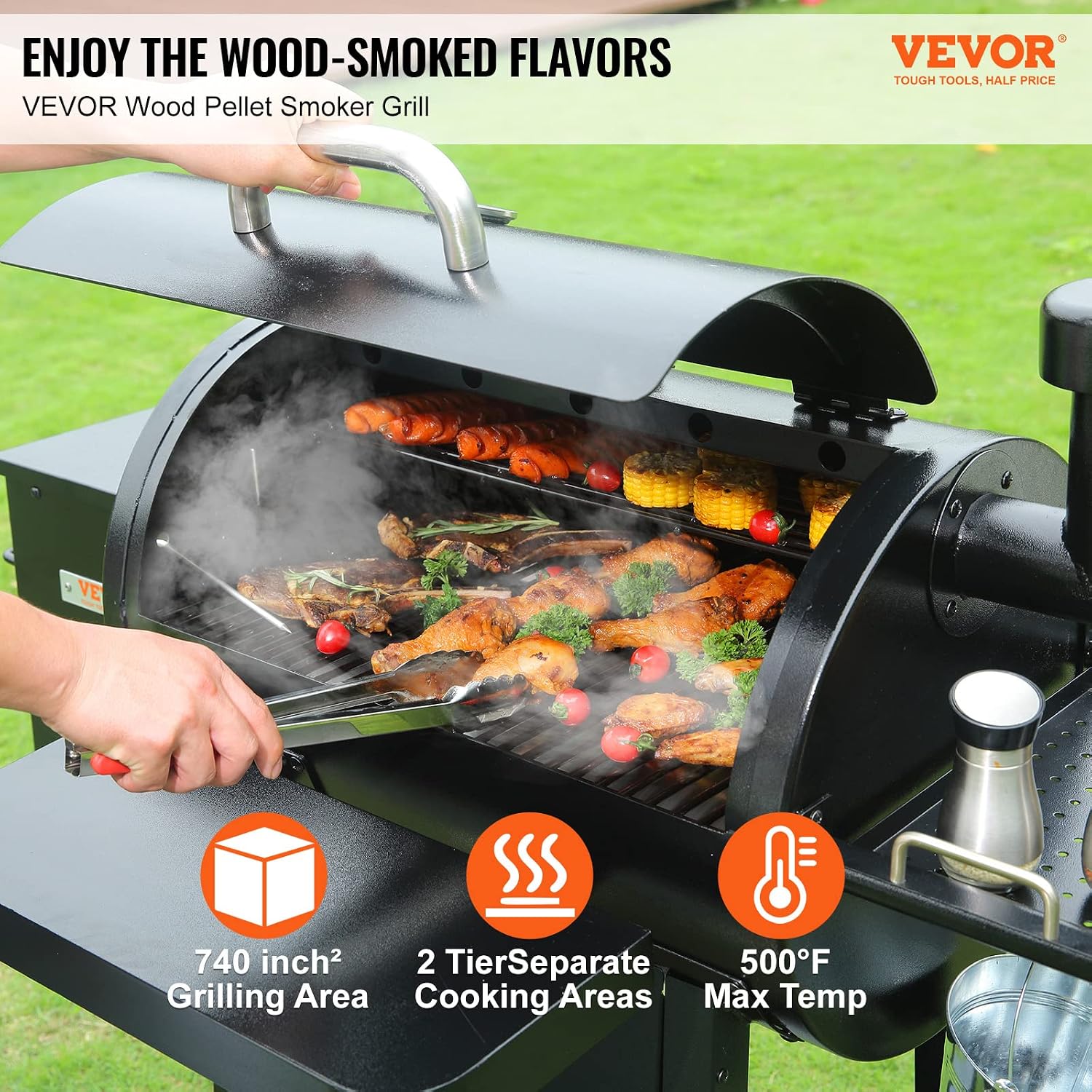VEVOR Smoker Grill, Portable Wood Pellet Grill with Cart, 8 IN 1 BBQ Grill with PID Temperature Control for Outdoor Cooking, Barbecue Camping, Picnic, 730 sq, Patio and Backyard, Black