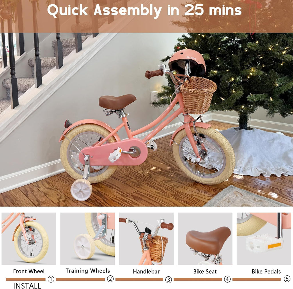 Glerc Little Molly 12-20 Inch Kids Retro Cruiser Bike for 2-13 Year Old with Wicker Basket & Training Wheels/Kickstand, Multiple Colors