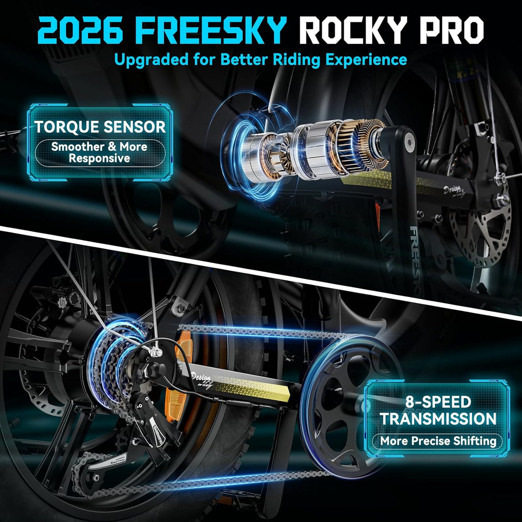 FREESKY 2026 Upgraded Rocky Pro Torque Sensor Electric Bike for Adults, 48V 25Ah Samsung Cells Battery, 105 Miles Range, 33MPH Fat Tire Step-Thru E Bike, 20' Full Suspension Cargo Bicycles, 8-Speeds