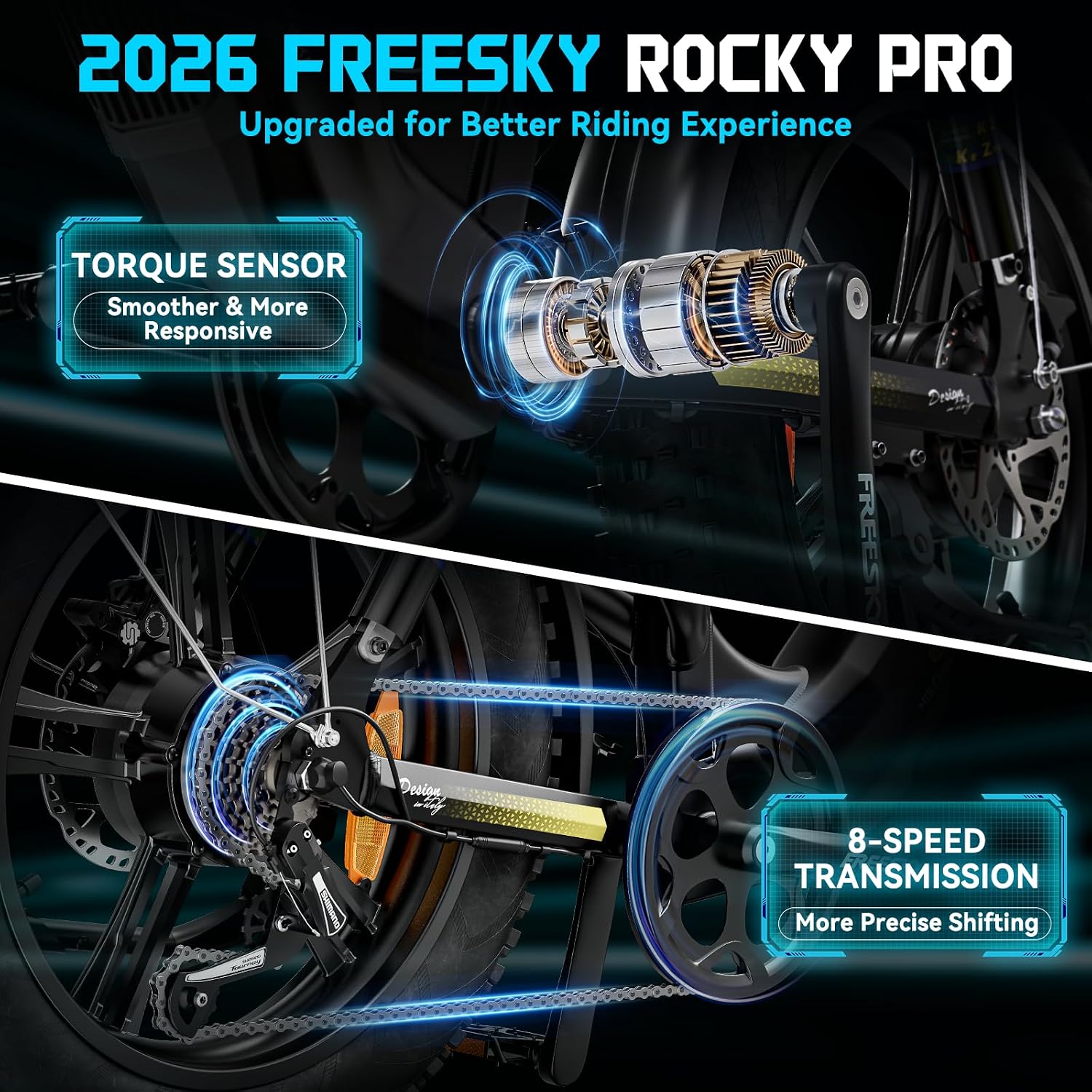 FREESKY 2026 Upgraded Rocky Pro Torque Sensor Electric Bike for Adults, 48V 25Ah Samsung Cells Battery, 105 Miles Range, 33MPH Fat Tire Step-Thru E Bike, 20' Full Suspension Cargo Bicycles, 8-Speeds