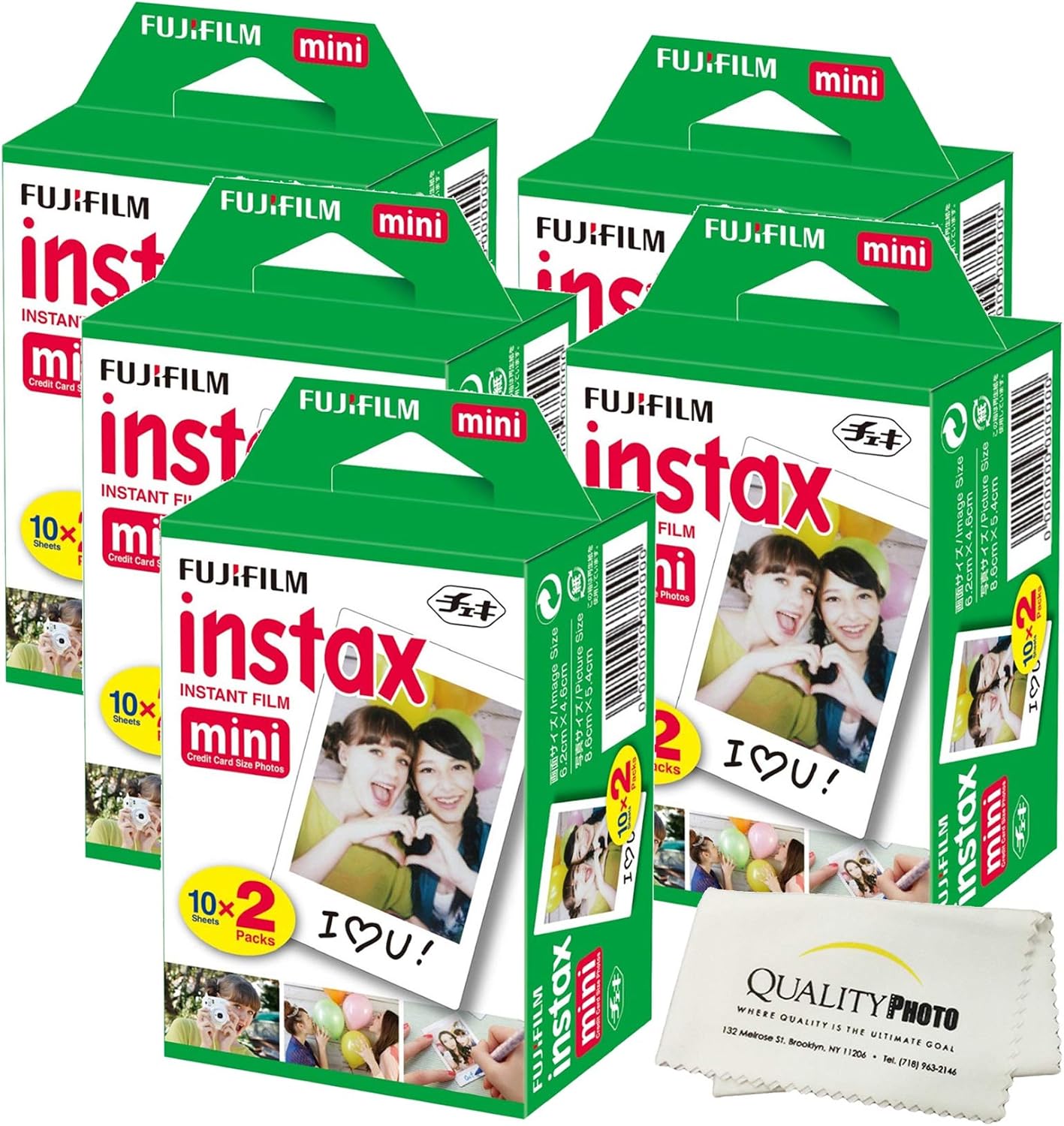 Fujifilm INSTAX Mini Instant Film (White) For Fujifilm Mini 8 & Mini 9 Cameras w/ Microfiber Cloth by Quality Photo (100 Film Sheets)