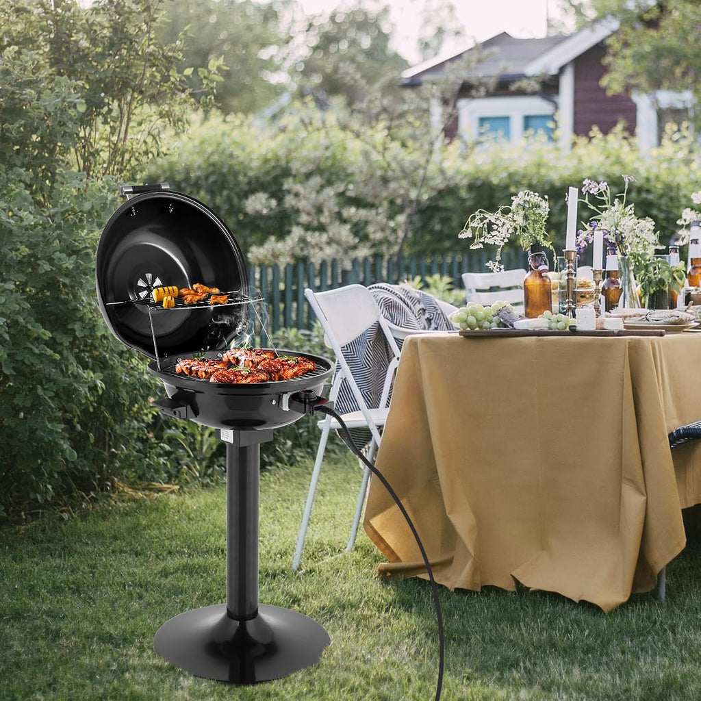 Electric BBQ Grill with Stand, 1600W Portable Indoor Outdoor Electric Grill with Lid and Warming Rack, Double Layer Design, Adjustable Temperature Control, Fits 10 Burgers, Backyard Cooking Black