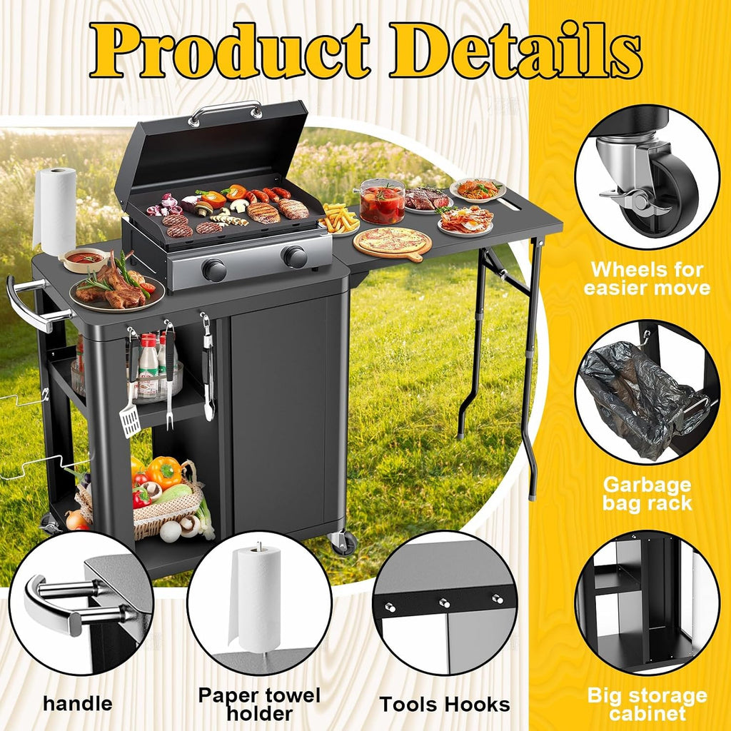 Outdoor Grill Table Cart 57'x24'x35', Outdoor Kitchen Island with Storage & Large Tabletop for Blackstone Griddle, Ooni Pizza Oven, Ninja Woodfire Grill, BBQ Station, Dining Cart, Rolling BBQ Table