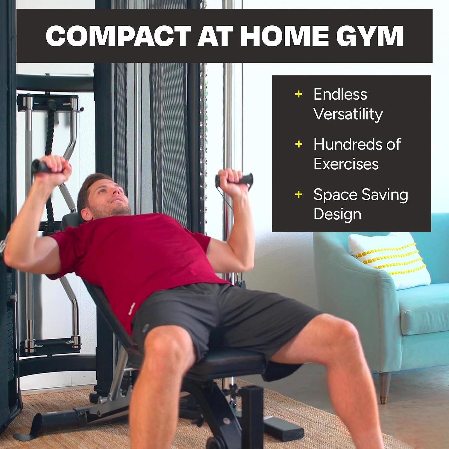 Inspire Fitness FT1 Functional Trainer with Bench - Compact at Home Workout Machine with Accessories - Two 165 lb Weight Stacks - Smooth Glide Cable Machine with Weight Bench