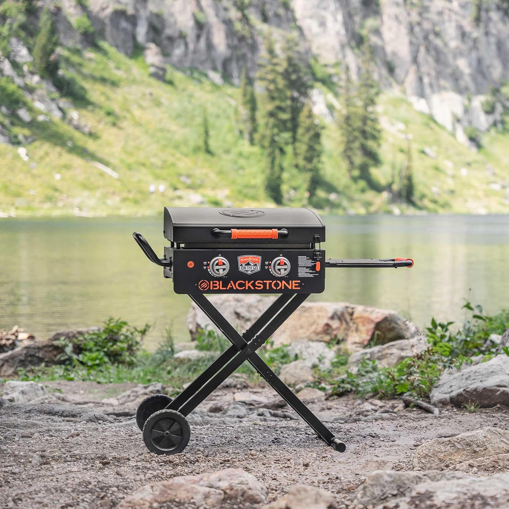 BLACKSTONE 22' On The Go Scissor-Leg Griddle with Two Burners -Stainless Steel Gas Griddle with Hood, Wheels, Side Shelf –Heavy Duty Outdoor Stainless Steel Griddle for Backyard, Patio Camping –1935