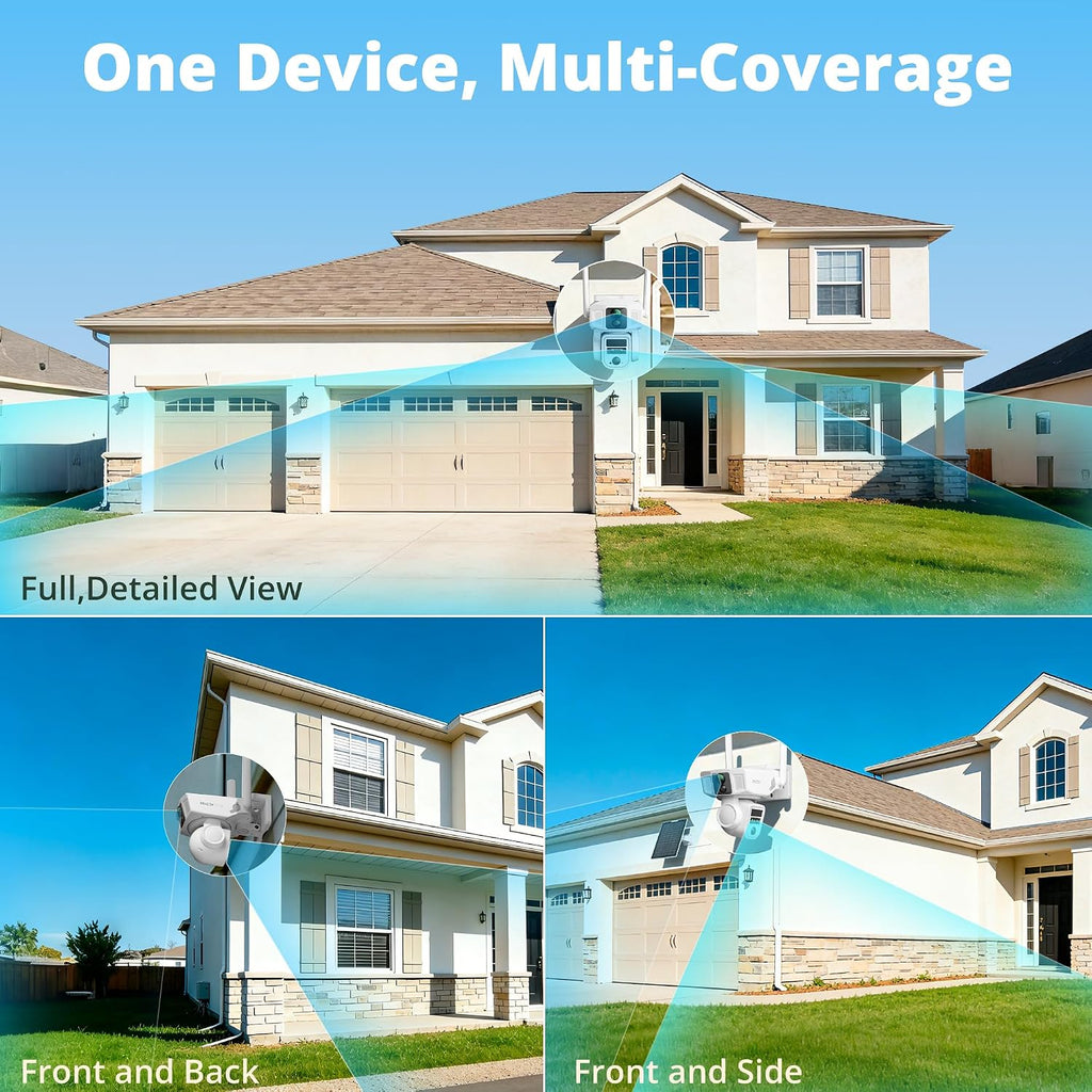 4G Cellular Security Camera, 4K Wireless Outdoor Solar Cam 3 Lens, LTE or WiFi 2 Mode, 10x Optical Zoom, 360° PTZ AI Tracking, Local Storage & 64G SD Card Included, 12000mAh 9W Bullet-PTZ Cam