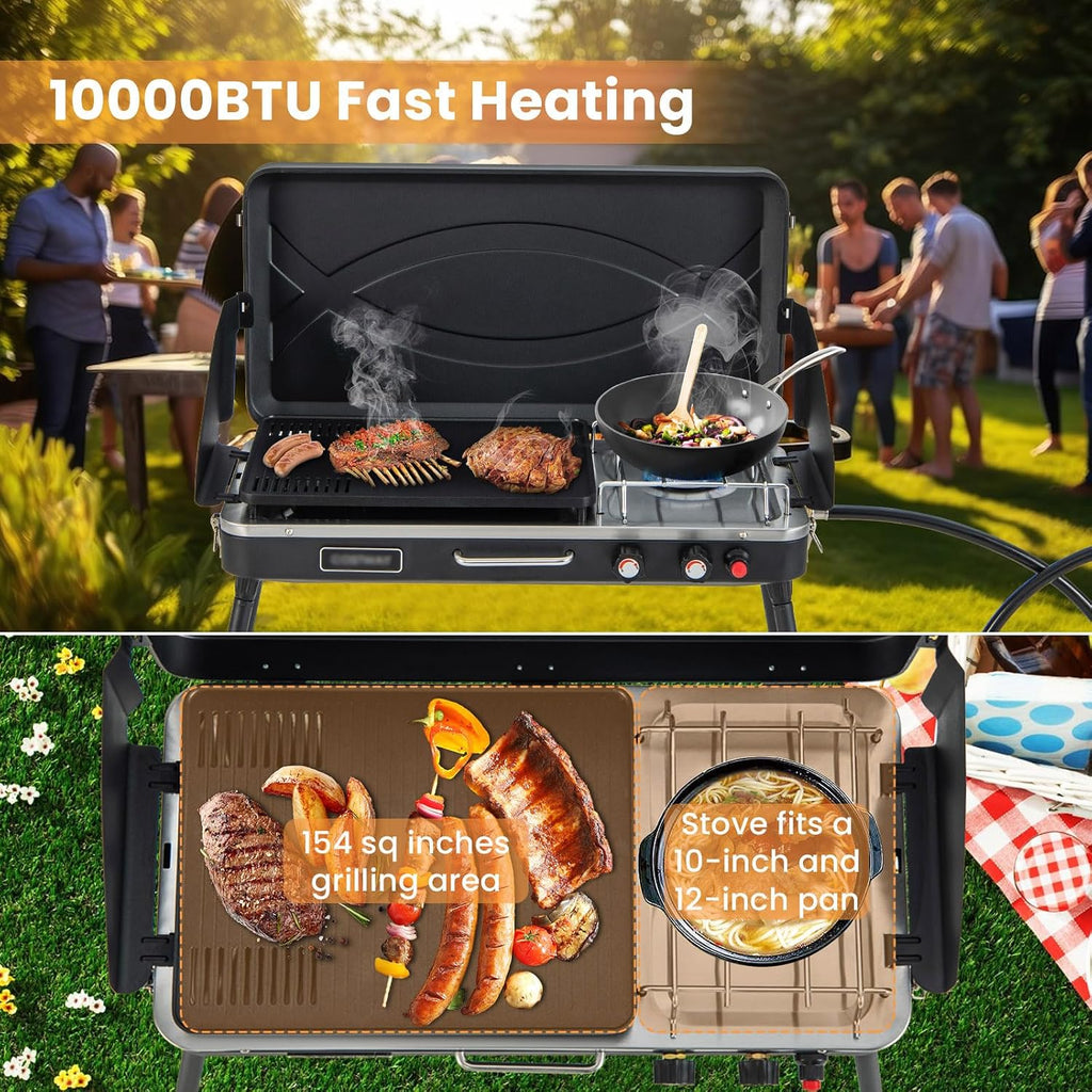 HAPPYGRILL Portable Camping Stove, 2-Burner Propane Grill Cooker with Removable Leg Stand, Roast Grill, Dual Control Knobs, Wind Guards, Outdoor Gas Grill for Camping BBQ Picnic (Black)