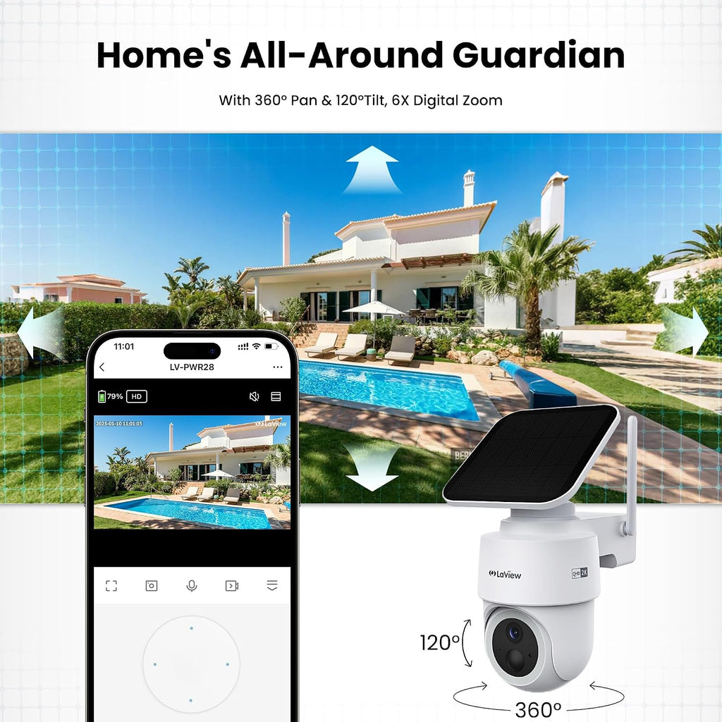 LaView 2K 3MP Solar Security Cameras Wireless Outdoor, Cameras for Home Security, 360° Pan & Tilt Rechargeable Battery Outdoor Camera, IP65, Color Night Vision, Two-Way Audio, Work with Alexa(2 Pack)