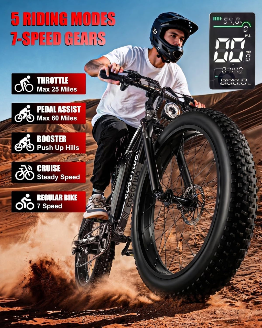 Electric Bike for Adults,1500W Peak Motor E Bikes, 26' Fat Tire Electric Bicycle, 28+ MPH 60 Miles Electric Mountain Bike, Removable Battery, Dual Brake, 7 Speed