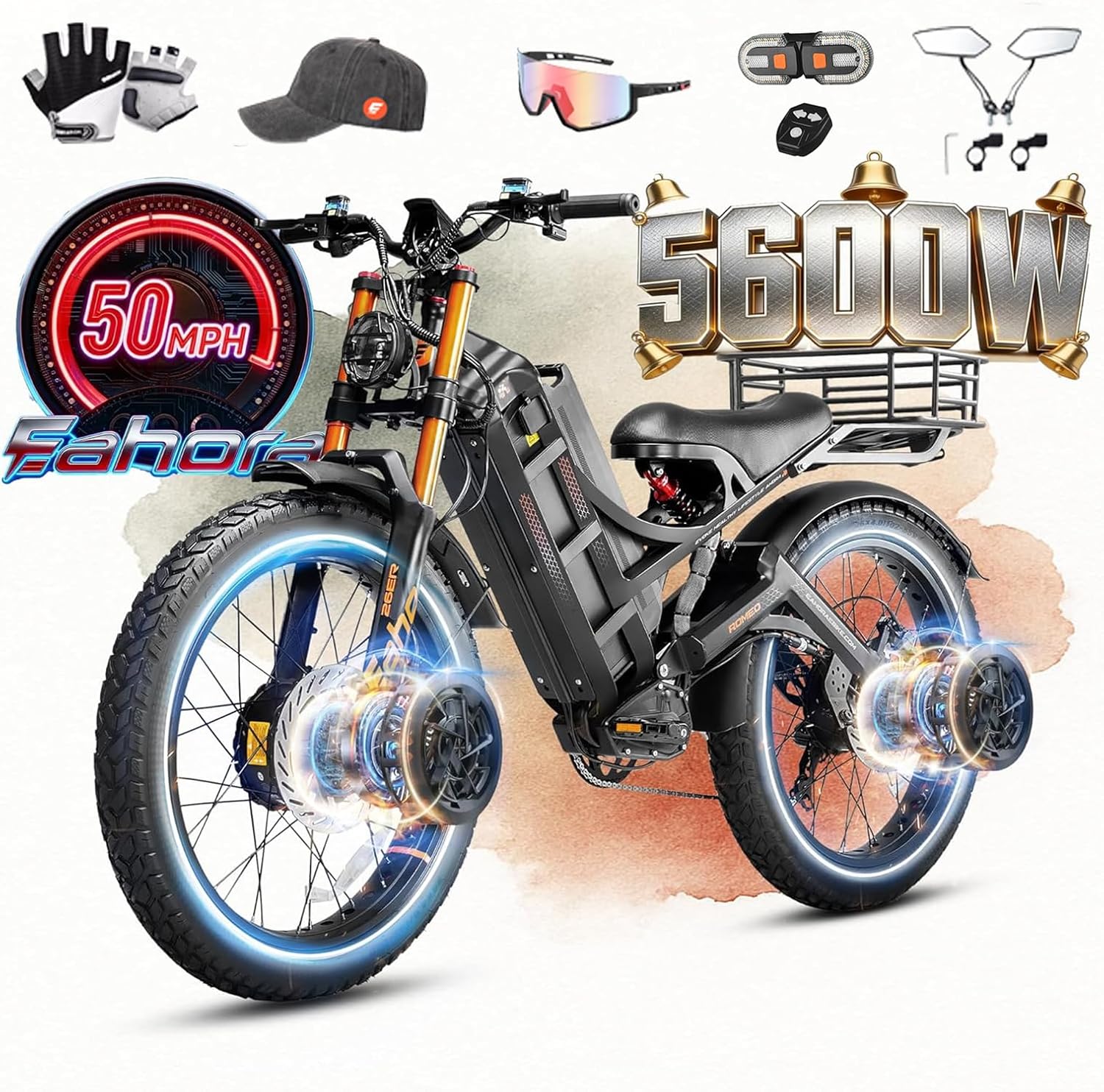 eAhora 2026 Romeo Pro 3 50MPH Electric Bike for Adults 5600W Dual Motor E Bike 60V/80Ah 250 Miles Long Range Electric Bicycle,26 * 4.0 Fat Tire Full Suspension Electric Mountain Bike Delivery Commute
