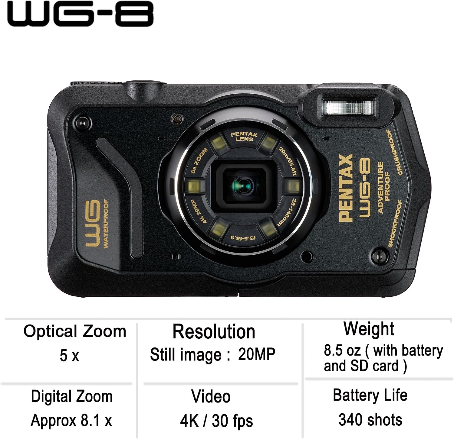 PENTAX WG-8 Black All-Weather Adventure Camera, Featuring Outstanding Waterproof, dustproof, Shock-Resistant Performance, Multi-Application Ring Light for Macro Photography and Webcam Function
