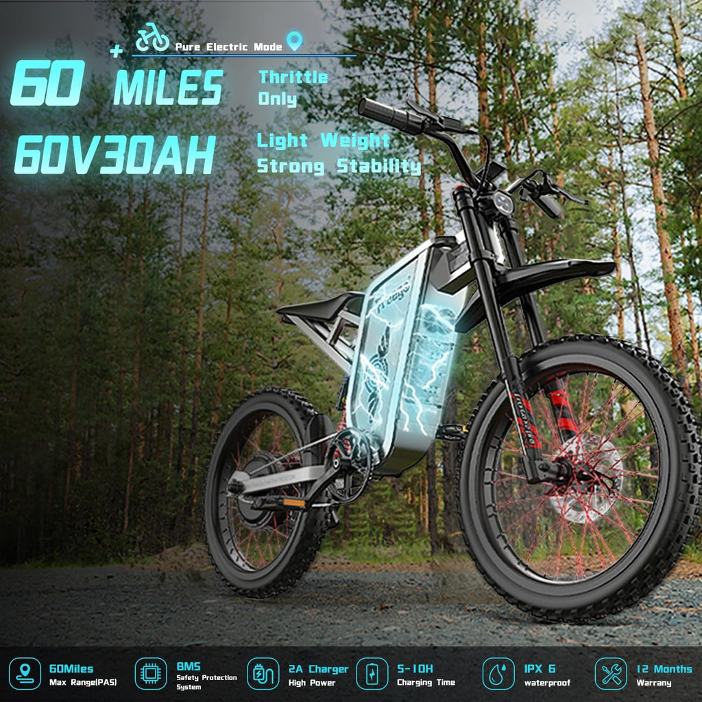Freego Electric Motorcycle for Adults, X2Pro Electric Dirt Bike 6000W(Peak) Motor 60V/30Ah Battery,50MPH Off Road Electric Bicycle,19x2 Tire Full Suspension/Four-Piston Hydraulic Brake