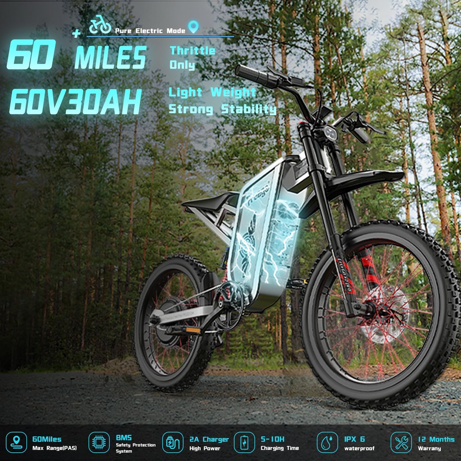 Freego Electric Motorcycle for Adults, X2Pro Electric Dirt Bike 6000W(Peak) Motor 60V/30Ah Battery,50MPH Off Road Electric Bicycle,19x2 Tire Full Suspension/Four-Piston Hydraulic Brake