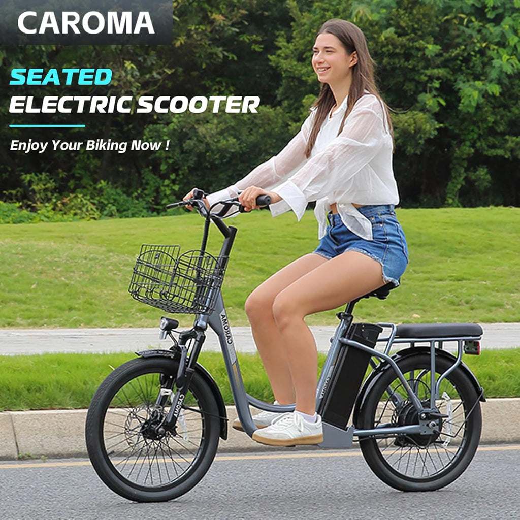 Caroma Peak 500W/800W/1200W Electric Scooter with Seat, 20' Fat Tire Electric Bike with 48V Removable Battery, Up to 30Miles & 20MPH, Adult Scooter for Commuting with Basket&Adjustable Seat