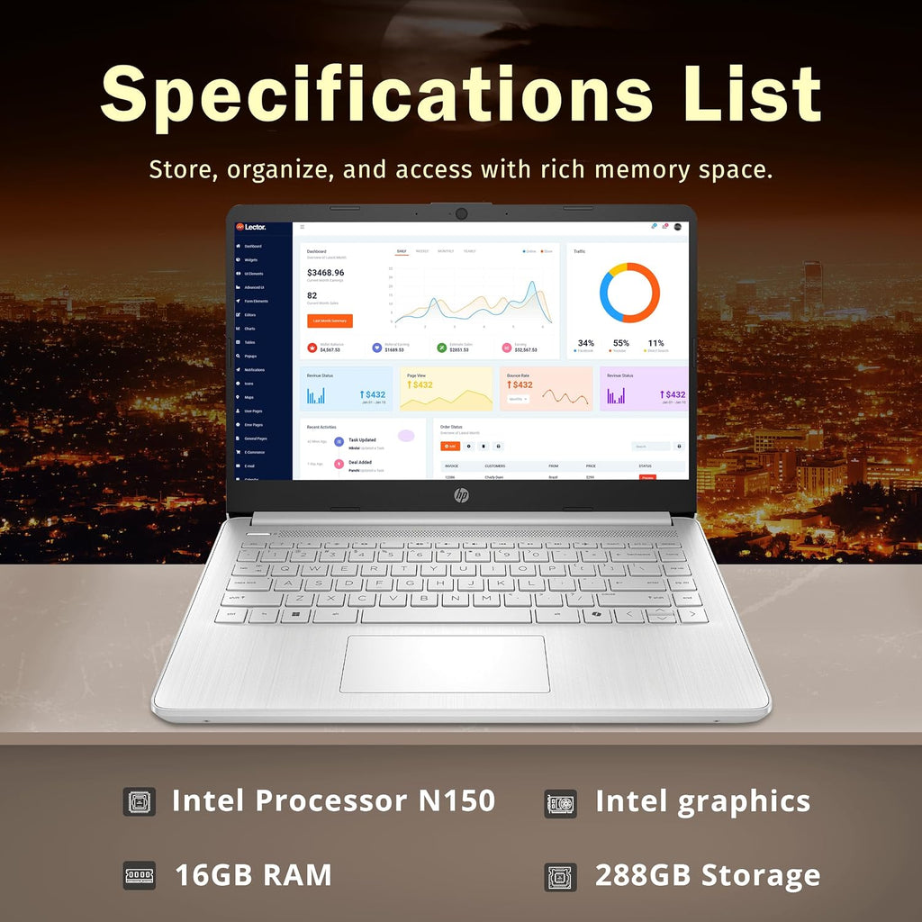 HP Stream 14' HD BrightView Laptop, Intel Celeron N150, 16GB RAM, 288GB Storage (128GB UFS + 160GB Docking Station Set), Intel UHD Graphics, 720p Webcam, Wi-Fi, 1 Year Office 365, Win 11 S, Silver