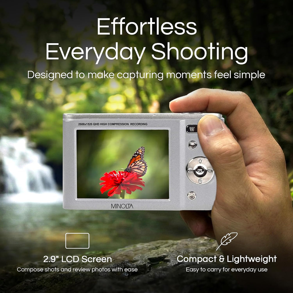 Minolta MND20 44MP Digital Camera – 2.7K Ultra HD Video, 16X Digital Zoom, Anti-Shake Stabilization, Time Lapse, Face Detection, 2.9-inch LCD Display – Lightweight Compact Camera (Silver)