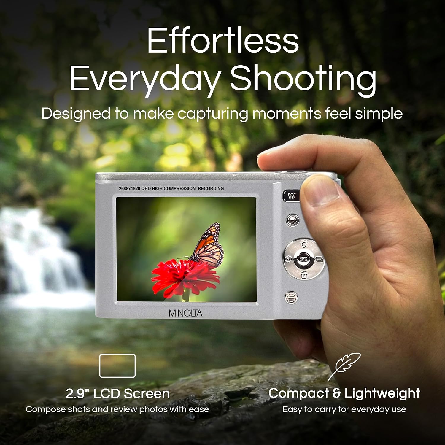 Minolta MND20 44MP Digital Camera – 2.7K Ultra HD Video, 16X Digital Zoom, Anti-Shake Stabilization, Time Lapse, Face Detection, 2.9-inch LCD Display – Lightweight Compact Camera (Silver)