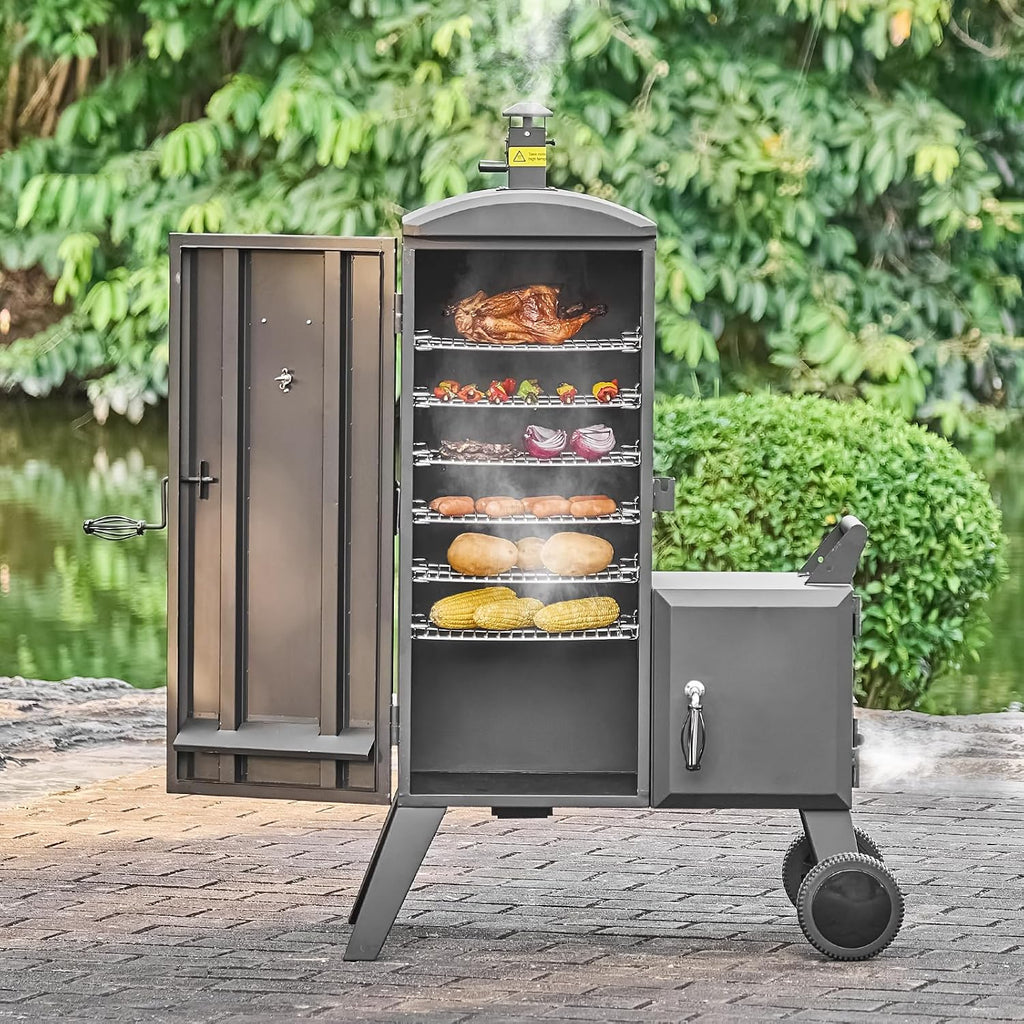 VEVOR Charcoal Offset Smoker, Heavy-Duty Steel BBQ Offset Smoker with Side Firebox, Movable Outdoor Barbecue Smokers with 6 Adjustable Grates, Thermometer & Air Vents for Backyard Patio Party Cooking