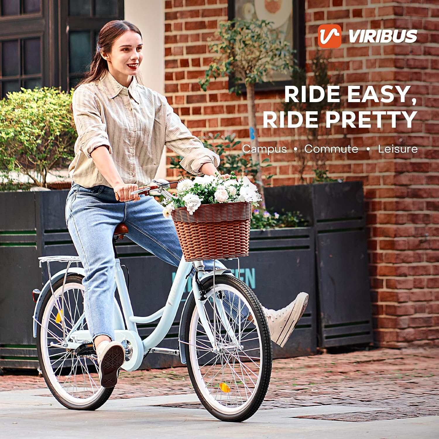 VIRIBUS Beach Cruiser Bike for Women, Single Speed Womens Bike with Basket & Rack 24 26 inch, Retro Step Through Cruiser Bicycle for Petite Short Women Female Ladies City Commuter, 330 lb.