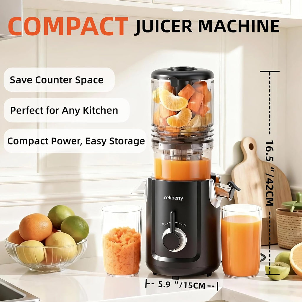 Cold Press Juicer Machines, 5.3' Large Feed Chute Slow Masticating Juicer for Whole Fruits & Vegetables, Easy Clean, 300W Quiet Juice Extractor, 99% High Juice Yield, Black