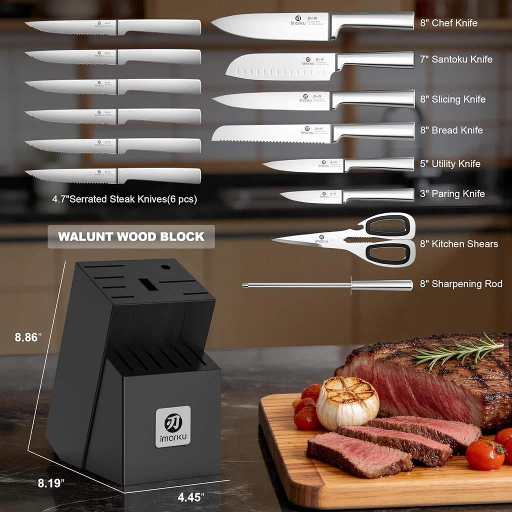 imarku 15-Piece Knife Block Set Built-in Sharpener, Japanese High Carbon Stainless Steel Kitchen Knife Set, Dishwasher Safe, Chef Knife Set with Wooden Knife Block, Steak Knives for Kitchen Cooking