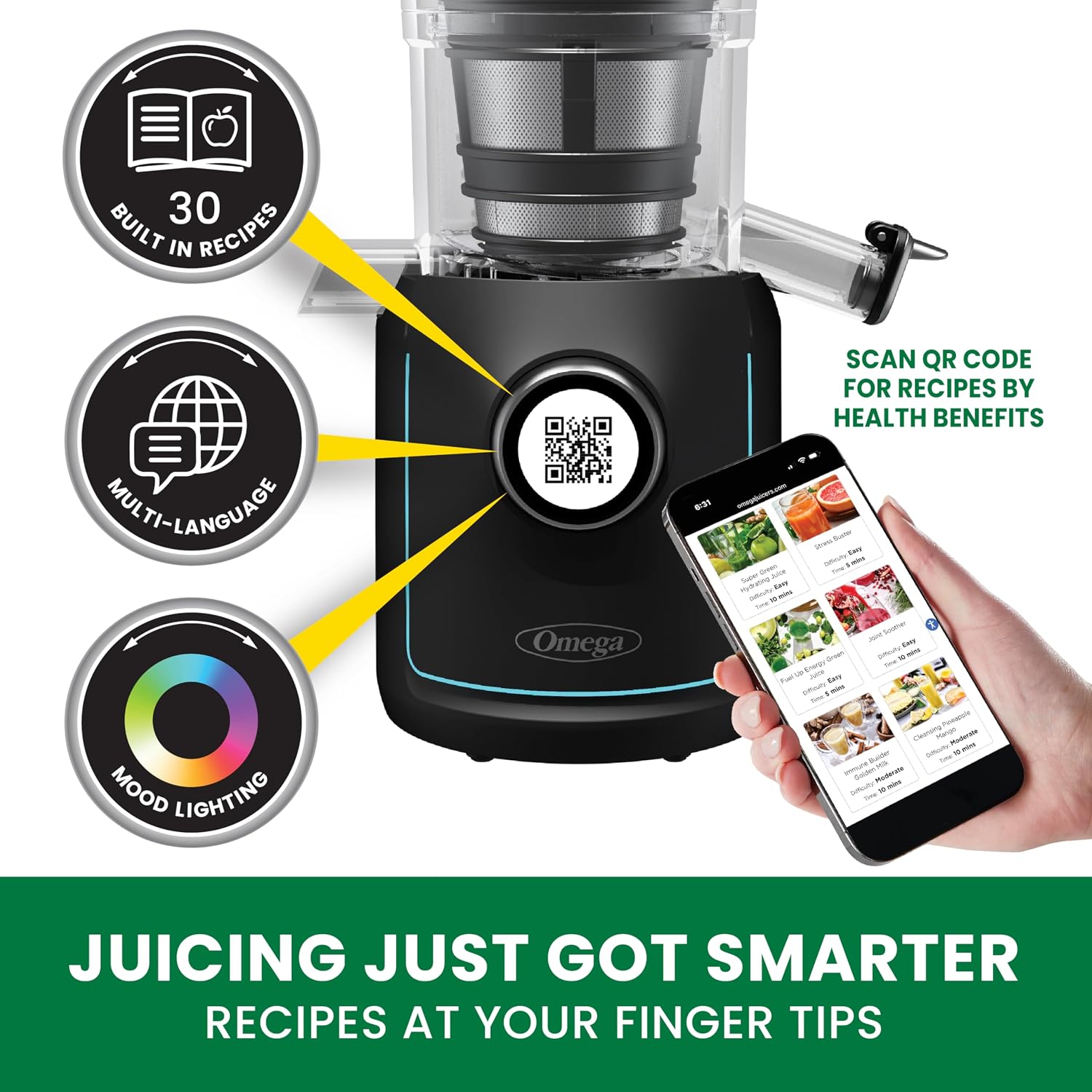 Omega Ultimate Performance Slow Masticating Batch Juicer with Intellidial Technology Cold Press Vegetable and Fruit Juice Extractor with 64-Ounce Hopper and 4 Juice Shot Glasses, 200-Watts, Black