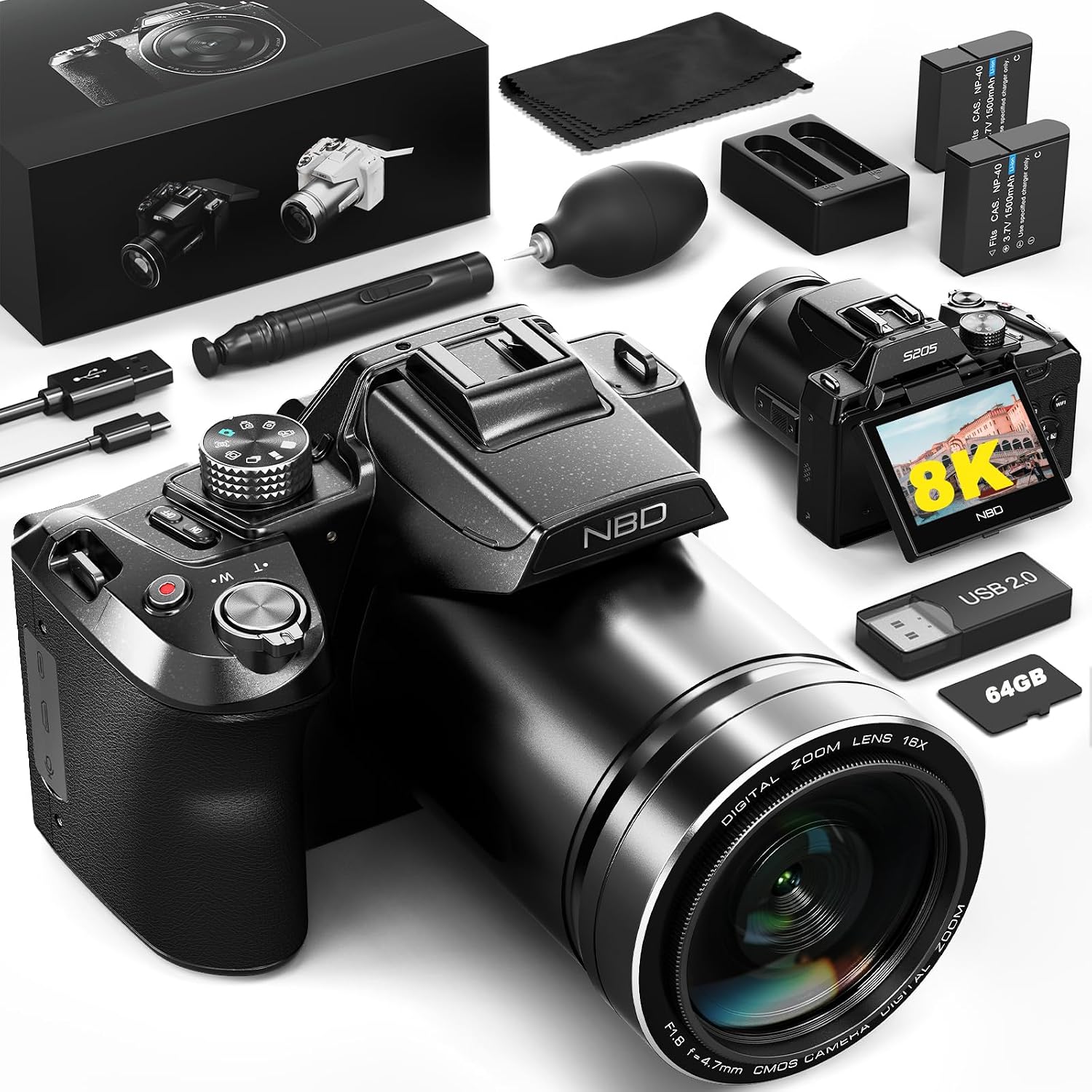 8K Digital Camera, 64MP Cameras for Photography with 3' Flip Screen, 16X Zoom, WiFi & Autofocus, Vlogging Camera for YouTube, Includes 64GB Card & 2 Batteries