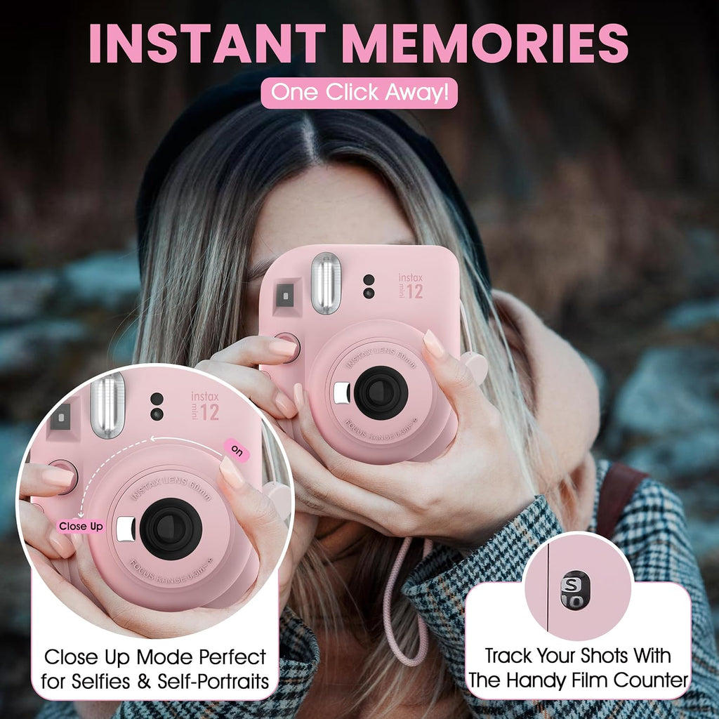 Fujifilm Instax Mini 12 Instant Camera Blossom Pink + Minimate Custom Designed Case + Fuji Instax Film 10 Sheets & Photo Album