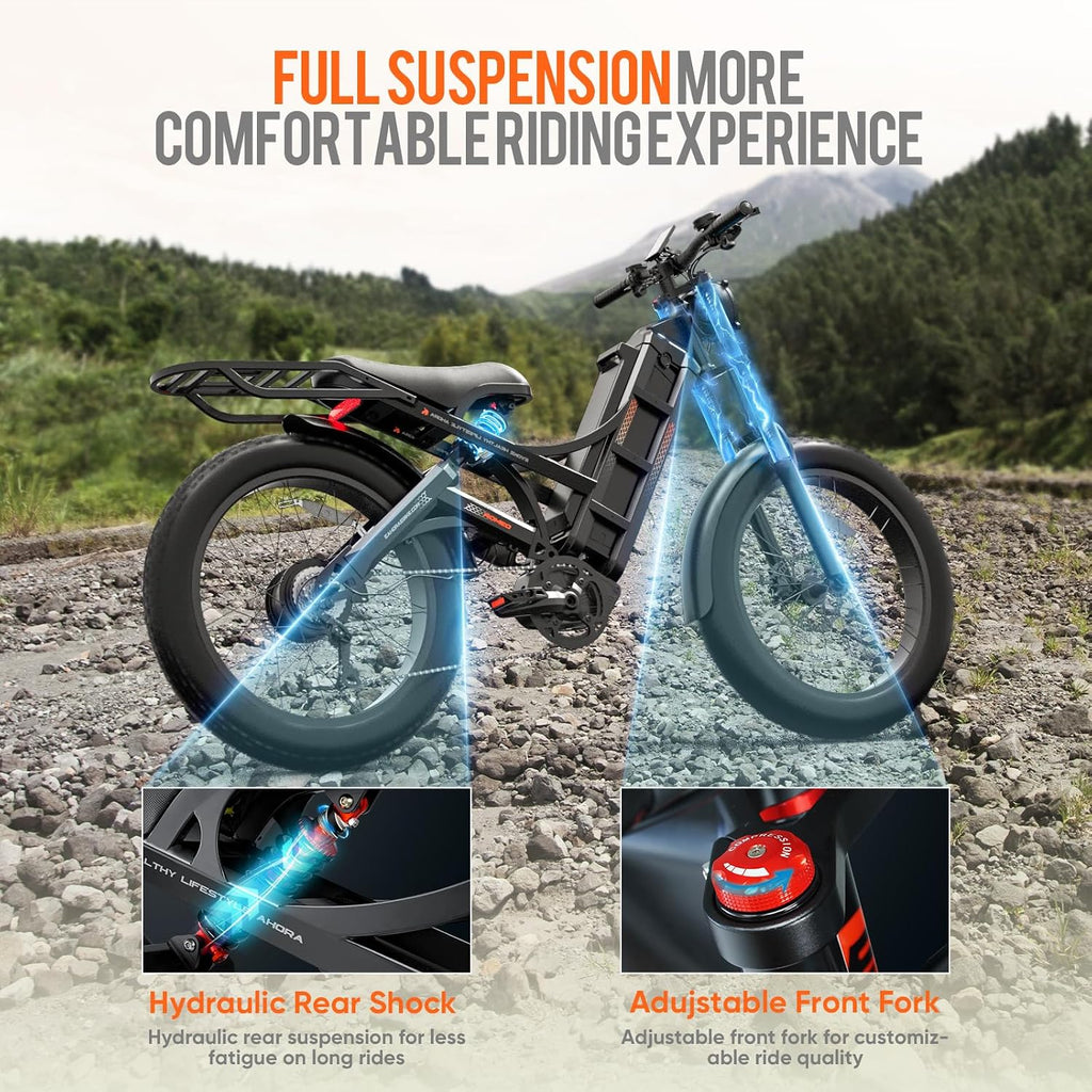 eAhora 2026 Romeo Pro 3 5600W 50Mph High-Torque Ebike, 60V 80Ah 250-Mile Long Range Electric Bike for Adults, Adjustable Air Suspension, 26'' Puncture-Proof Tire, UL 2849 Certified by TÜV