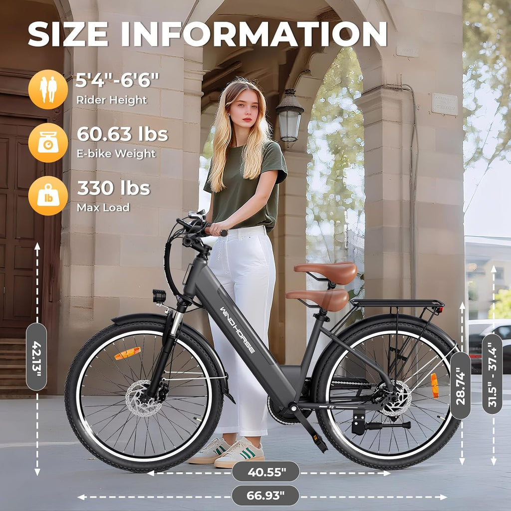 WINDHORSE 26' Electric Bike for Adults 20MPH & 30-50 Miles Range, Shimano 7-Speed, 468WH Removable Battery Commuter Ebike with 750W Peak Motor, Front Suspension, Rear Rack, Fenders, UL2849 Certified