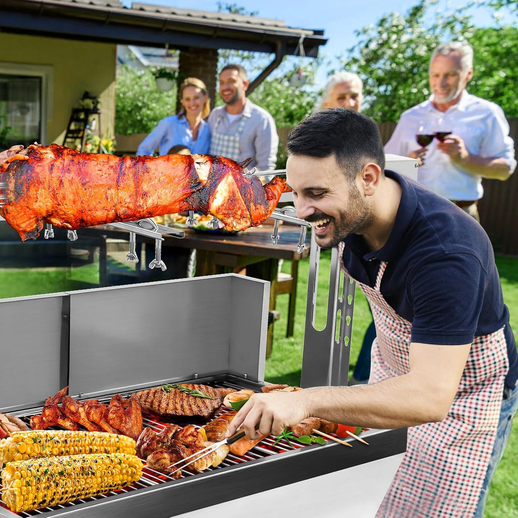 37' Electric Rotisserie Grill, Pig Lamb Spit Roaster Stand With 132 Lbs Capacity and Adjustable Height, BBQ Charcoal Grill Kit Stainless Steel for Outdoor Party Camping