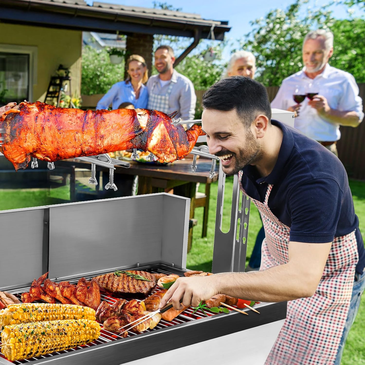 37' Electric Rotisserie Grill, Pig Lamb Spit Roaster Stand With 132 Lbs Capacity and Adjustable Height, BBQ Charcoal Grill Kit Stainless Steel for Outdoor Party Camping