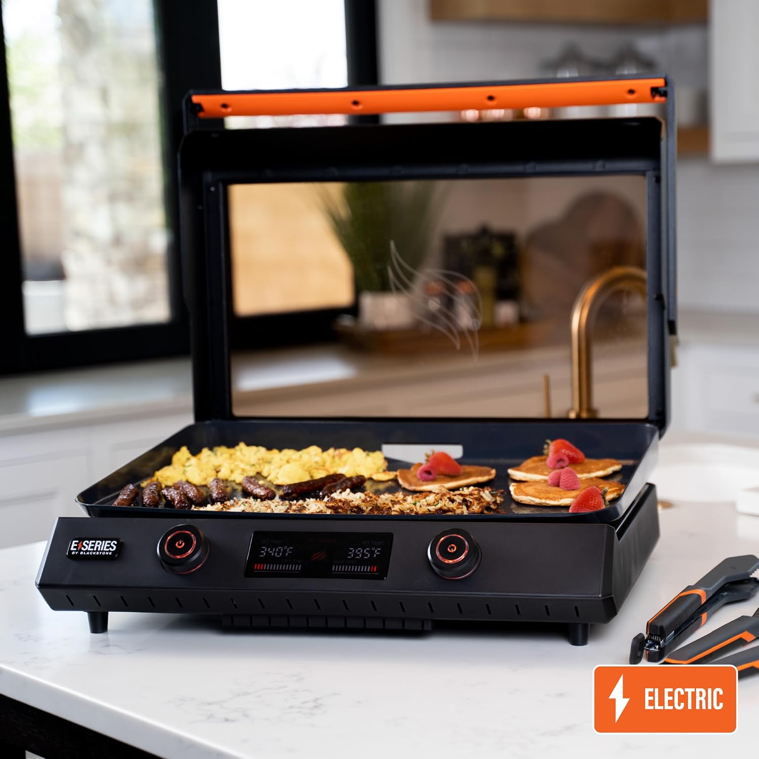 Blackstone 22-Inch Electric Griddle - 1600W Non Stick Ceramic Titanium Coated Stainless Steel Tabletop Griddle with EZ-Touch Control Dial, LCD Display, Patented Rotate & Remove Glass Hood - 8001