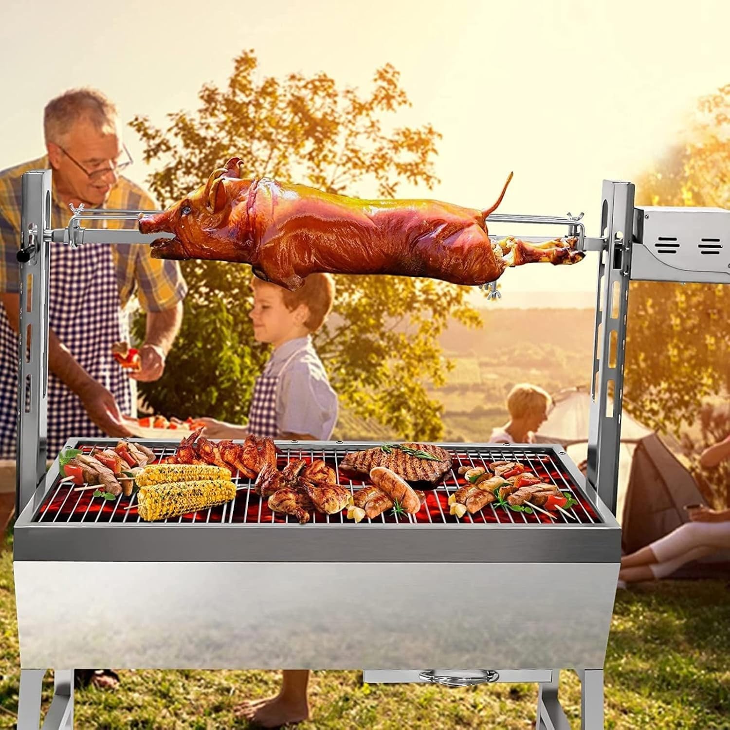 132LBS Stainless Steel Rotisserie Grill without Back Cover Guard, 25W Motor Small Pig Lamb Rotisserie Roaster, 37 Inch BBQ Charcoal Rotisserie Grill for Camping Outdoor Kitchen
