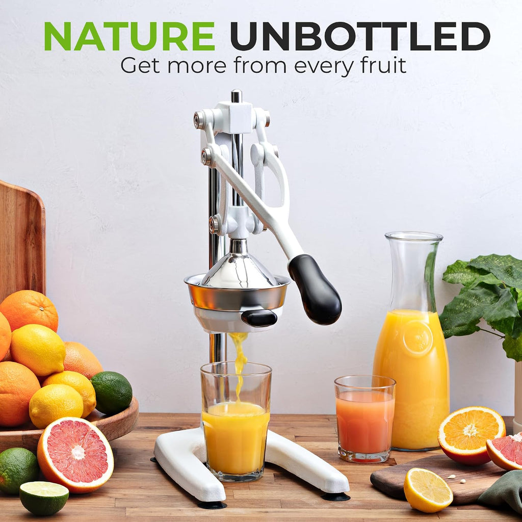 Zulay Kitchen Pulperizer 9 in 1 Cast Iron Juicer - Easy-to-Clean Heavy-Duty Manual Juicer with Presser Attachment to Juice All Types of Fruits! Extra Tall with Stainless Steel Bowl - White