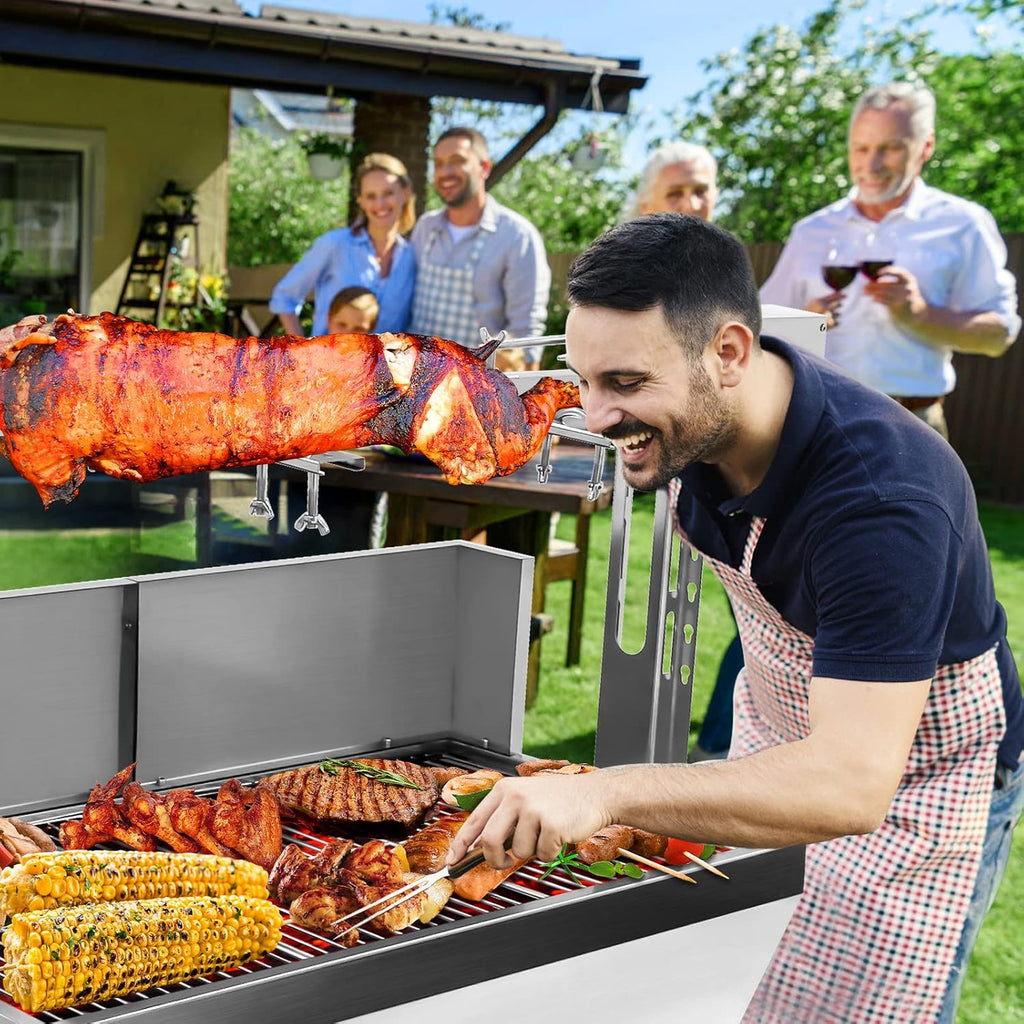 176LBS Stainless Steel Rotisserie Grill with Wind Deflector, 25W Motor Small Pig Lamb Rotisserie Roaster, 46 Inch BBQ Charcoal Rotisserie Roaster Grill for Camping Outdoor Kitchen