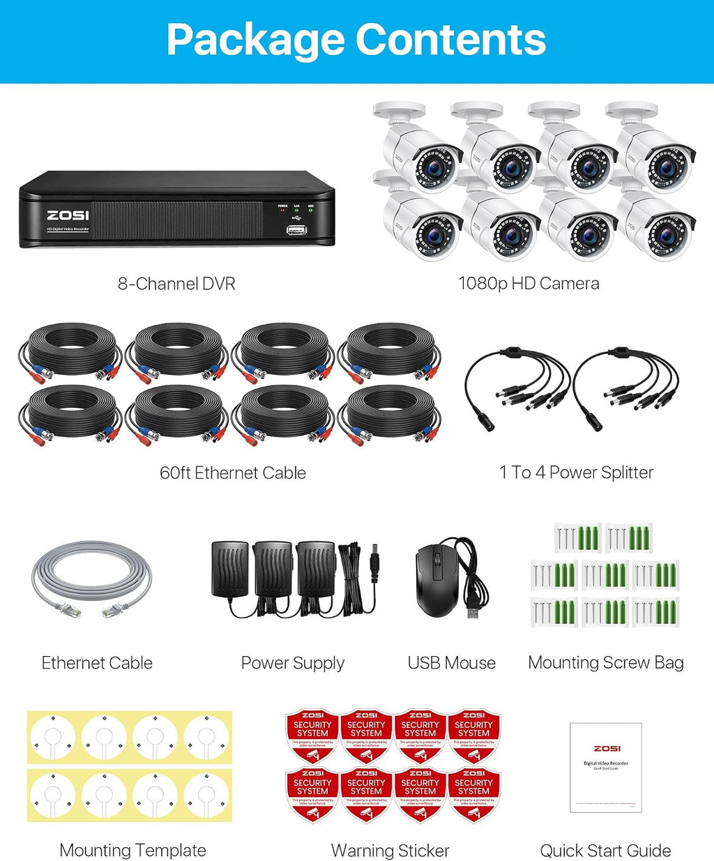 ZOSI 1080p H.265+ Security Camera System for Home, 5MP Lite 8 Channel CCTV DVR and 8 x 1080p Weatherproof Bullet Cameras Outdoor Indoor with 120ft Night Vision and 105°Wide Angle (No HDD Included)