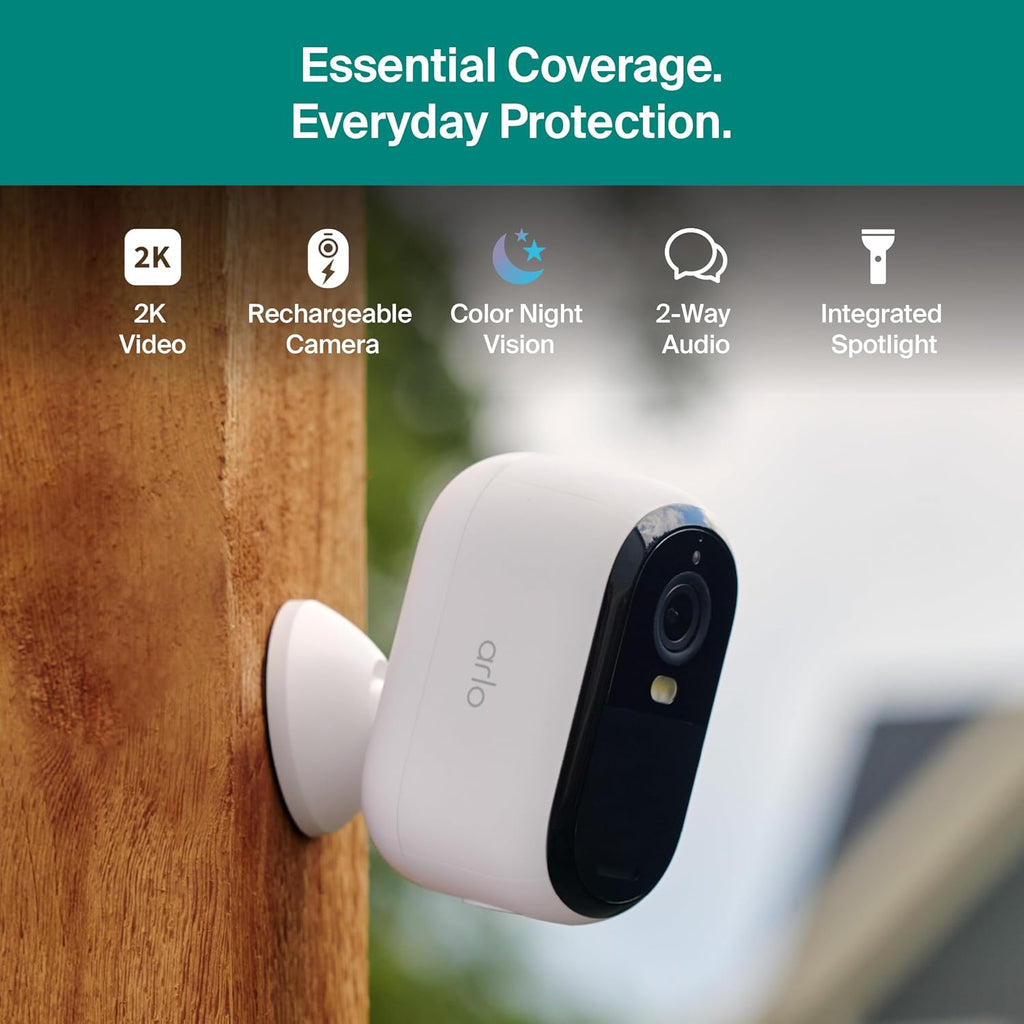 Arlo Essential Security Camera 2K (3rd Gen, 2025 Release) 4 Cam + 4 Solar Panels + 6 Months of Secure Plus Plan - Wireless Outdoor Camera, Battery Power, Person Recognition, Package Detection, White
