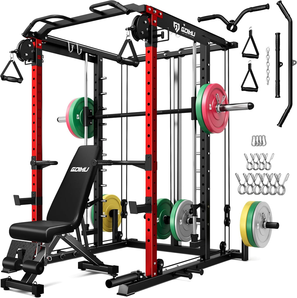 S1-V4 Smith Machine, 2000LBS Power Cage with Cable Crossover System, All-in-One Squat Rack with Smith Bar, Strength Training Equipment for Hone Gym