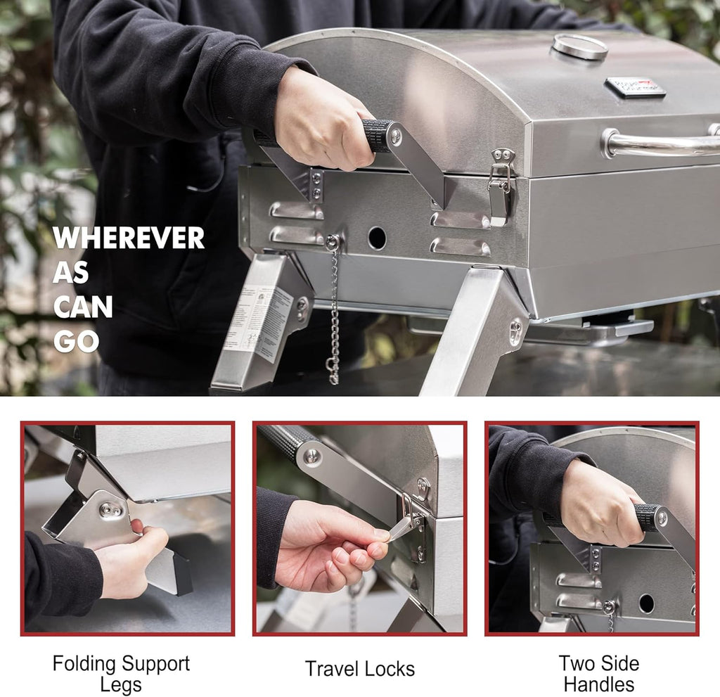 Stainless Steel Portable Grill with Two Handles and Travel Locks, Tabletop Propane Gas Grill with Folding Legs, 10000 BTU, for Picnic Cookout, GT2001, Silver