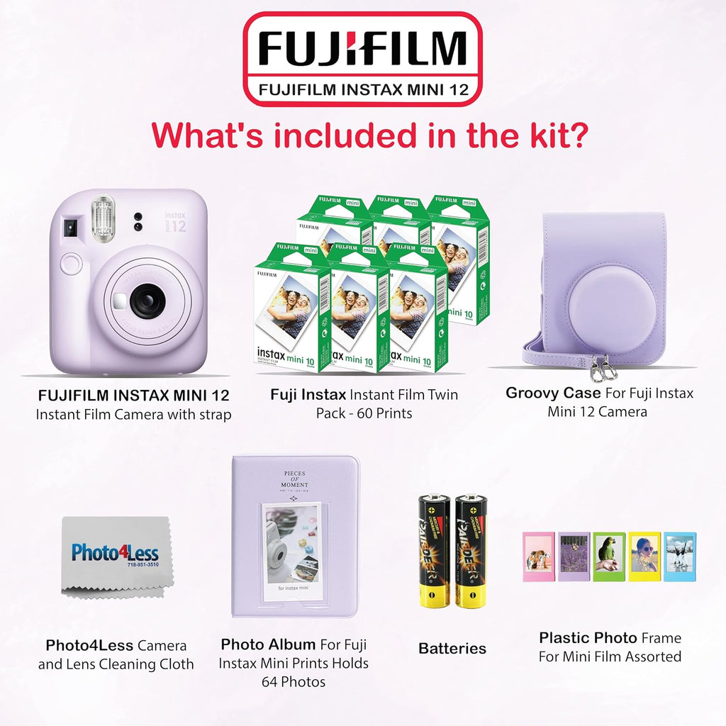 Fujifilm Instax Mini 12 Instant Camera Bundle with Fujifilm Instax Mini Instant Film Value Pack (60 Sheets) with Accessories Including Protective Case, Strap, Photo Album (Lilac Purple)