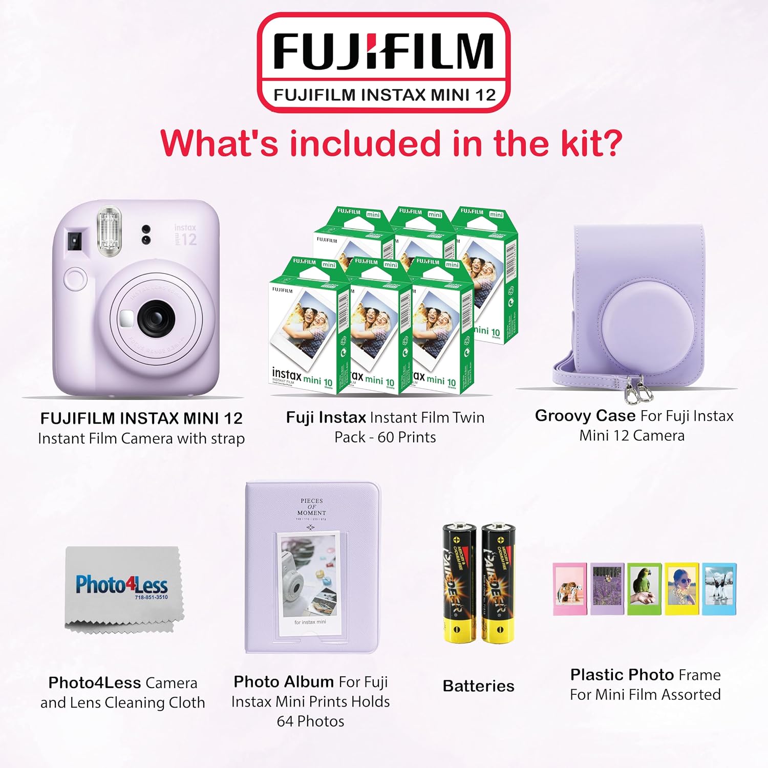Fujifilm Instax Mini 12 Instant Camera Bundle with Fujifilm Instax Mini Instant Film Value Pack (60 Sheets) with Accessories Including Protective Case, Strap, Photo Album (Lilac Purple)