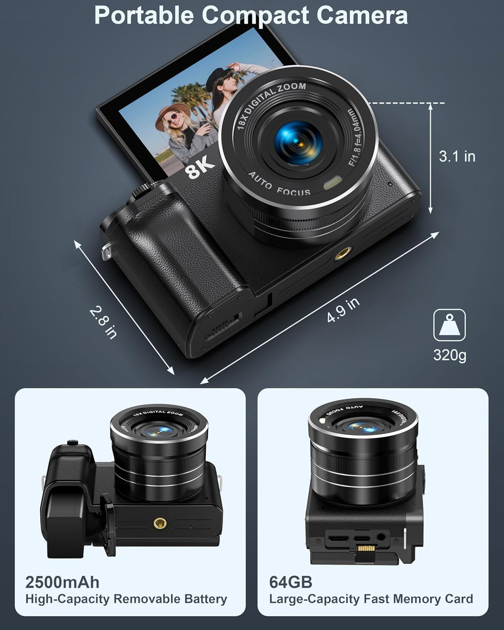 8K Digital Camera, 88MP Cameras for Photography, Vlogging Camera for YouTube with 3' 180° Flip Screen, 18X Zoom UHD Autofocus Video Camara with Lens Hood, 64GB Card